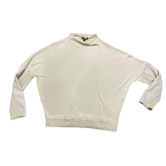Express Women Cozy Mock Neck Faux Leather Long Sleeves Cream Sweater Medium - Picture 5 of 11